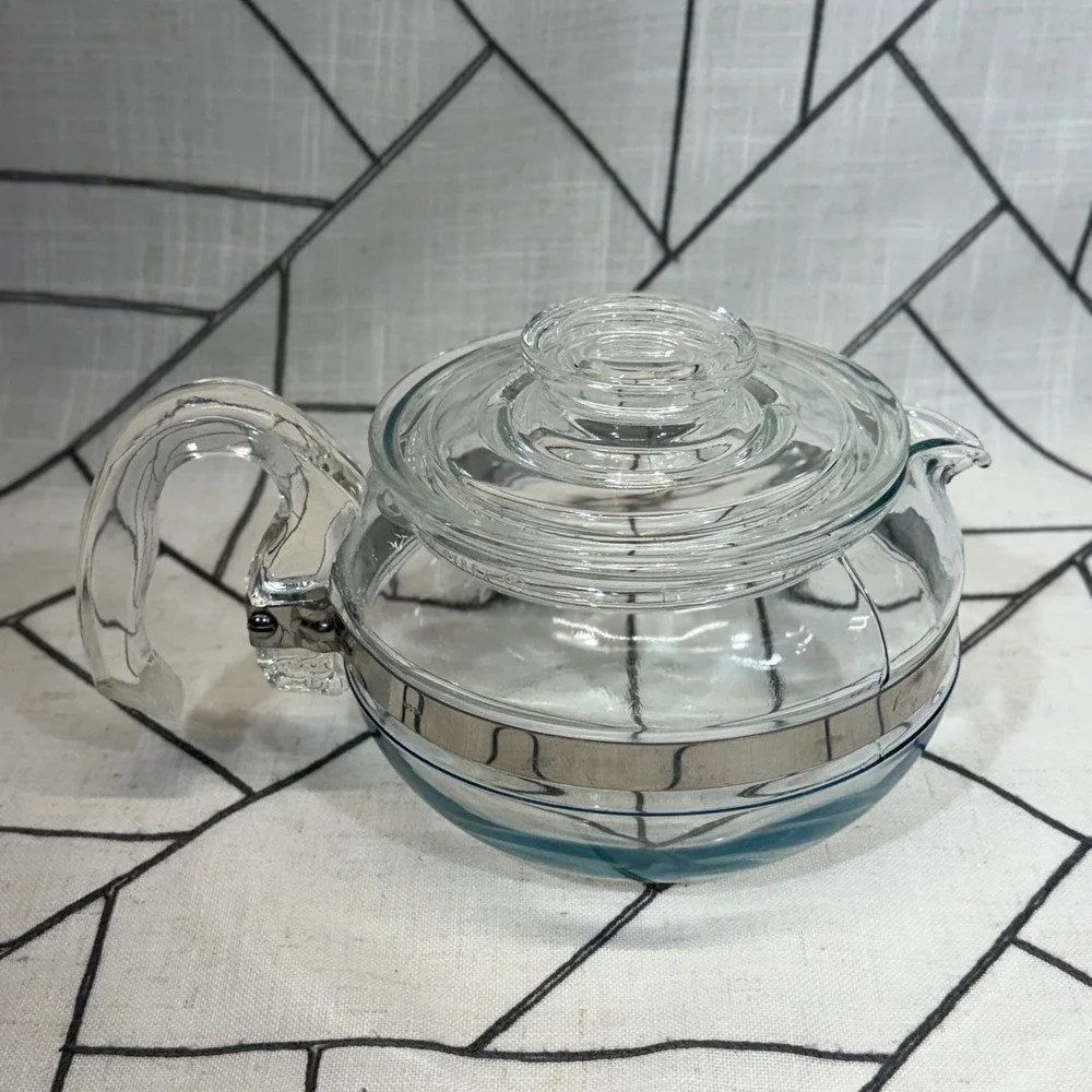 Pyrex Teapot 6 Cup Clear Glass Vintage 8336 Stainless Band Lid READ